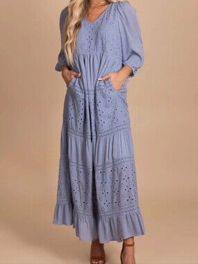 Listicle Blue Eyelet Maxi Dress with Puff Sleeves